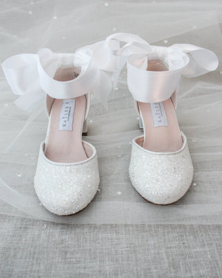 White Glitter Kids Block Heels with Satin Ties