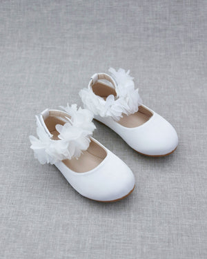 Girls Satin Flats with Chiffon Flowers Ankle Strap