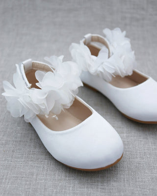 Satin Flats with Chiffon Flowers Ankle Strap