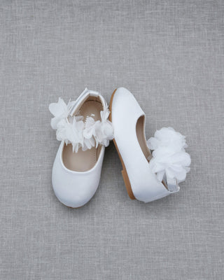 Satin Flats with Chiffon Flowers Ankle Strap