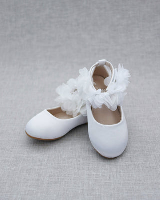 Satin Flats with Chiffon Flowers Ankle Strap