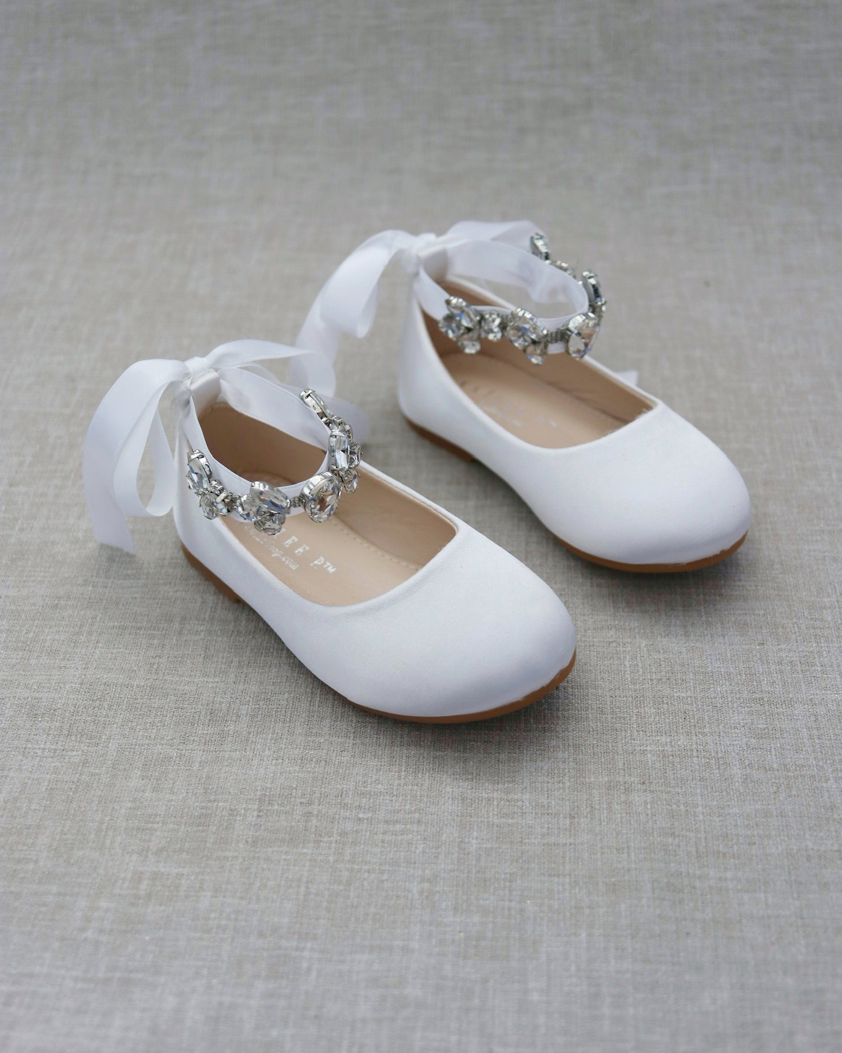 White Satin Flower Girls Ballet Flats with Navette Cluster Rhinestones