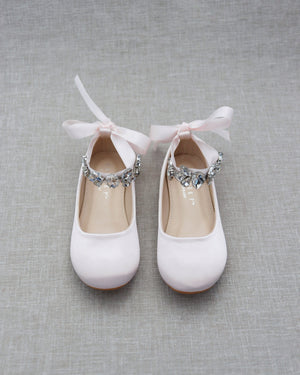 Girls Satin Ballet Flats with Navette Cluster Rhinestones