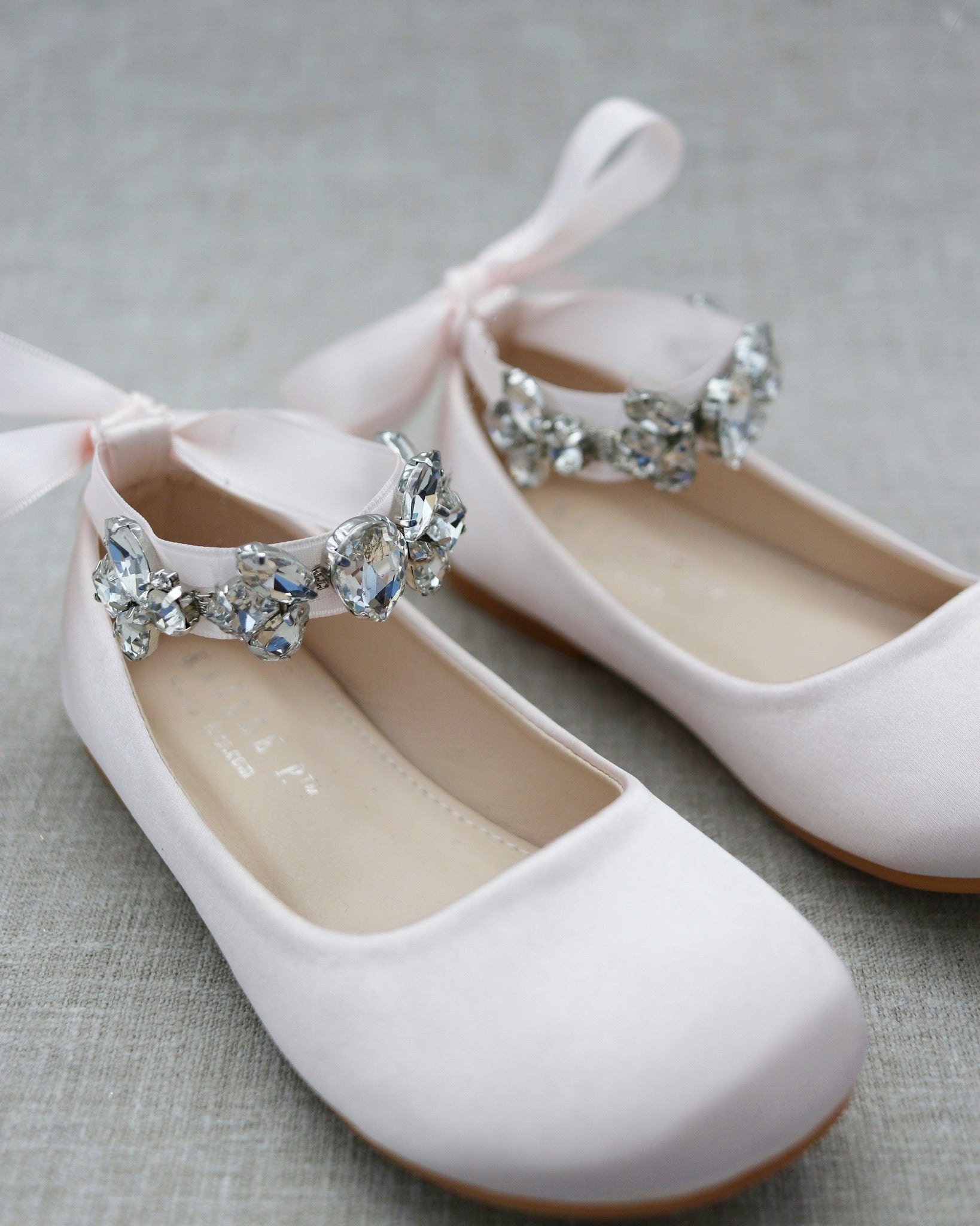 Dusty Pink Satin Girls Ballet Flats with Navette Cluster Rhinestones