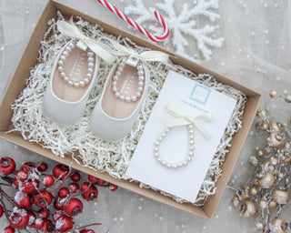 Satin Flats with Pearl Ankle Tie - Baby Shoes Holiday Gift Set (1 PAIR)Kids Shoes