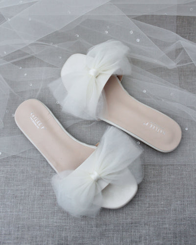 Ivory Satin Sandals with Tulle Bow