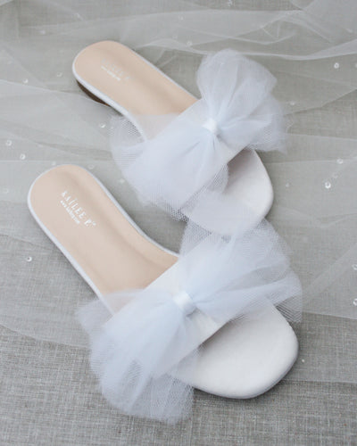 White Satin Sandals with Tulle Bow