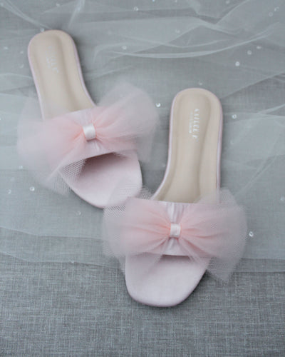 Pink Satin Sandals with Tulle Bow