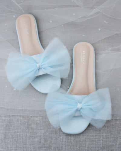 Light Blue Satin Sandals with Tulle Bow