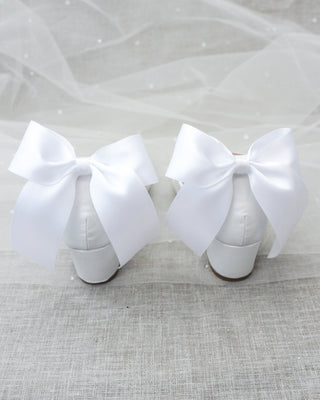 White Glitter Kids Block Heels with Back Bow