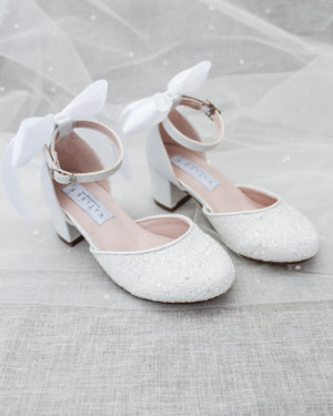 White Rock Glitter Kids Block Heel with Satin Back Bow