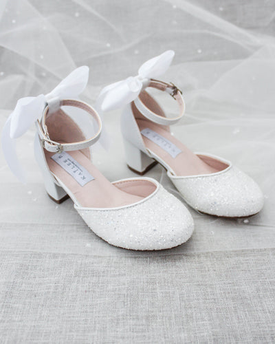 White Glitter Kids Block Heels with Back Bow