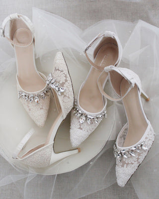White Crochet Lace Pointy Toe HEELS with Teardrop Rhinestones EmbellishmentsWomen Shoes