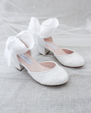 White Rock Glitter Kids Block Heel with Wrapped Satin Tie
