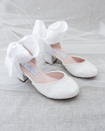 White Glitter Kids Block Heels with Satin Ties