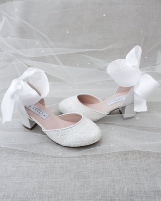 White Glitter Kids Block Heels with Satin Ties