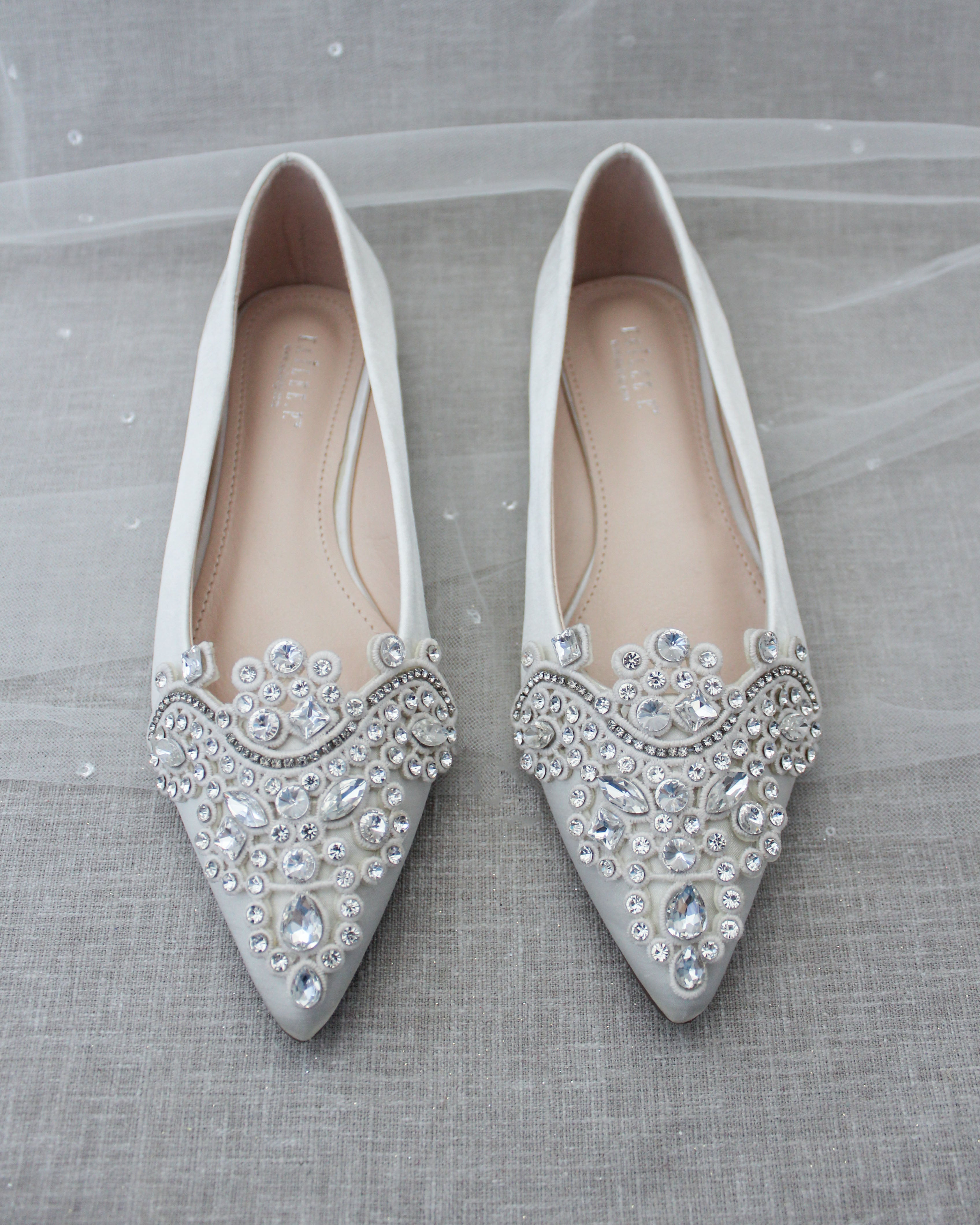 Ivory Embellished Rhinestone Wedding Flats, Bridal Shoes, Women Flats