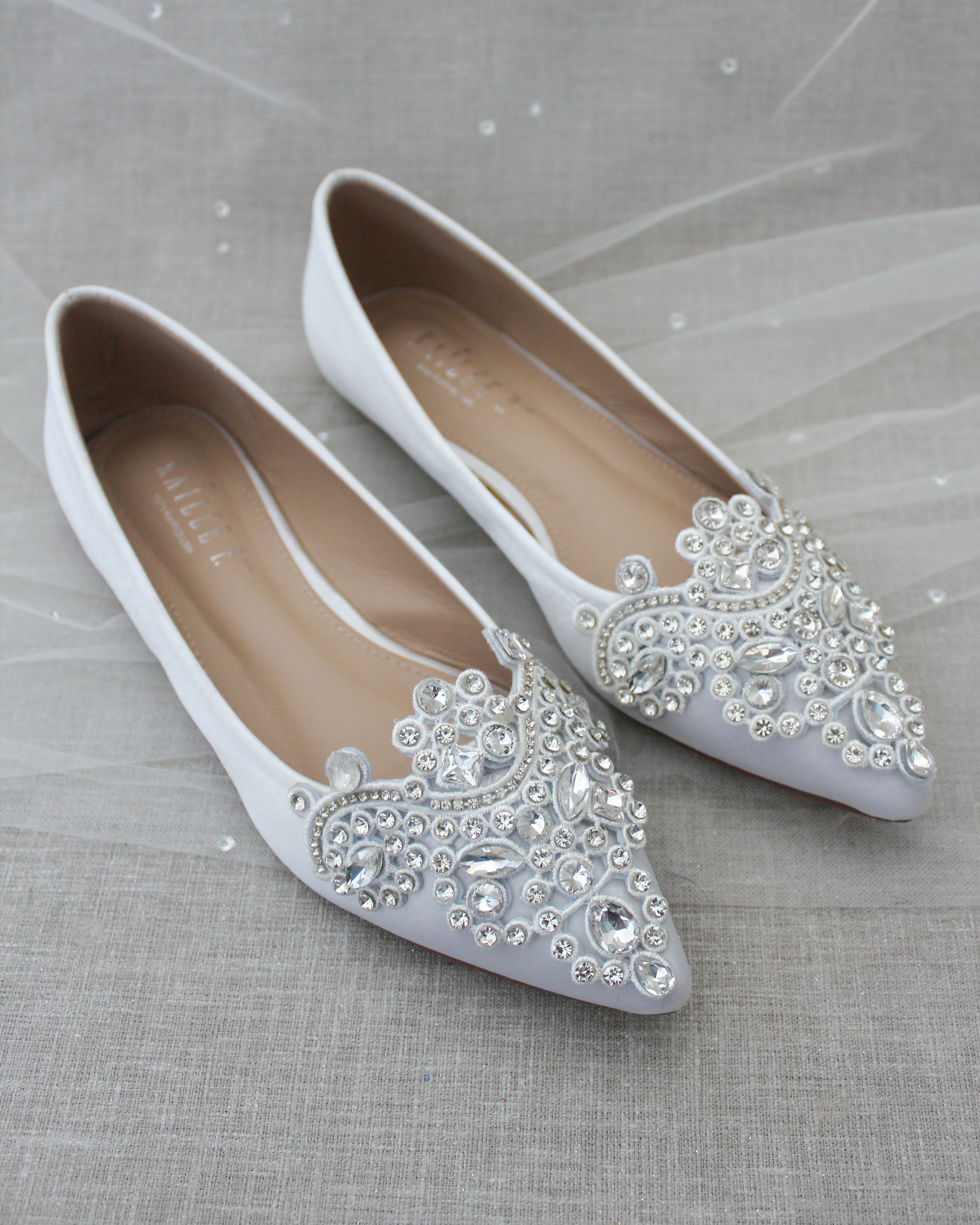 Embellished Rhinestones White Wedding Flats, Wedding Flat