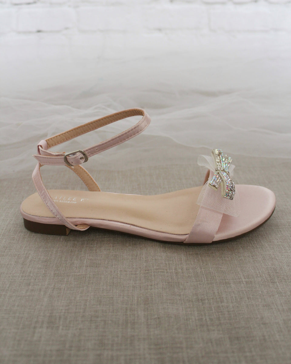 Pink Satin Flat Sandal with Mini Mesh Rhinestones Bow and Ankle Strap ...
