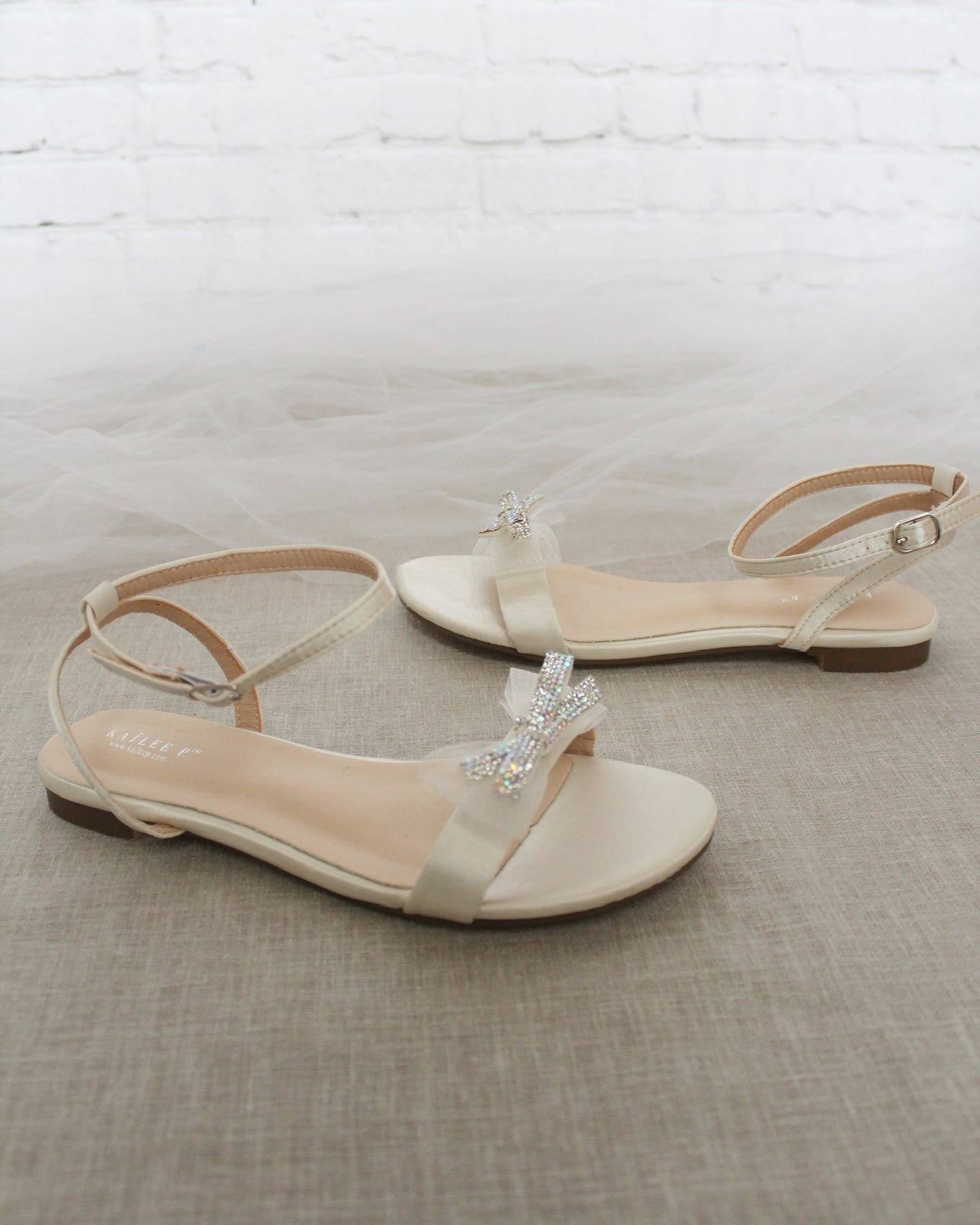 Ivory Satin Flat Sandal with Mini Mesh Rhinestones Bow and Ankle Strap ...