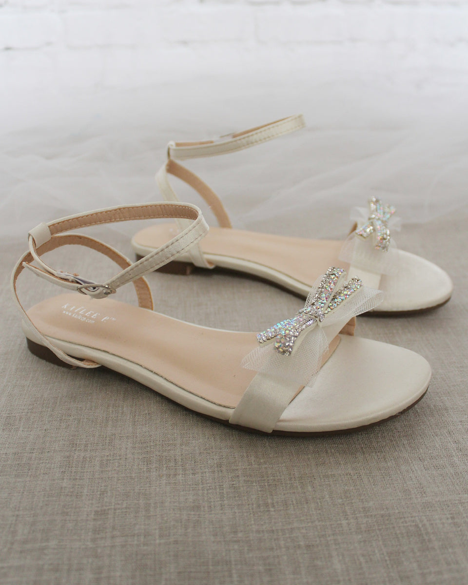 Ivory Satin Flat Sandal with Mini Mesh Rhinestones Bow and Ankle Strap ...