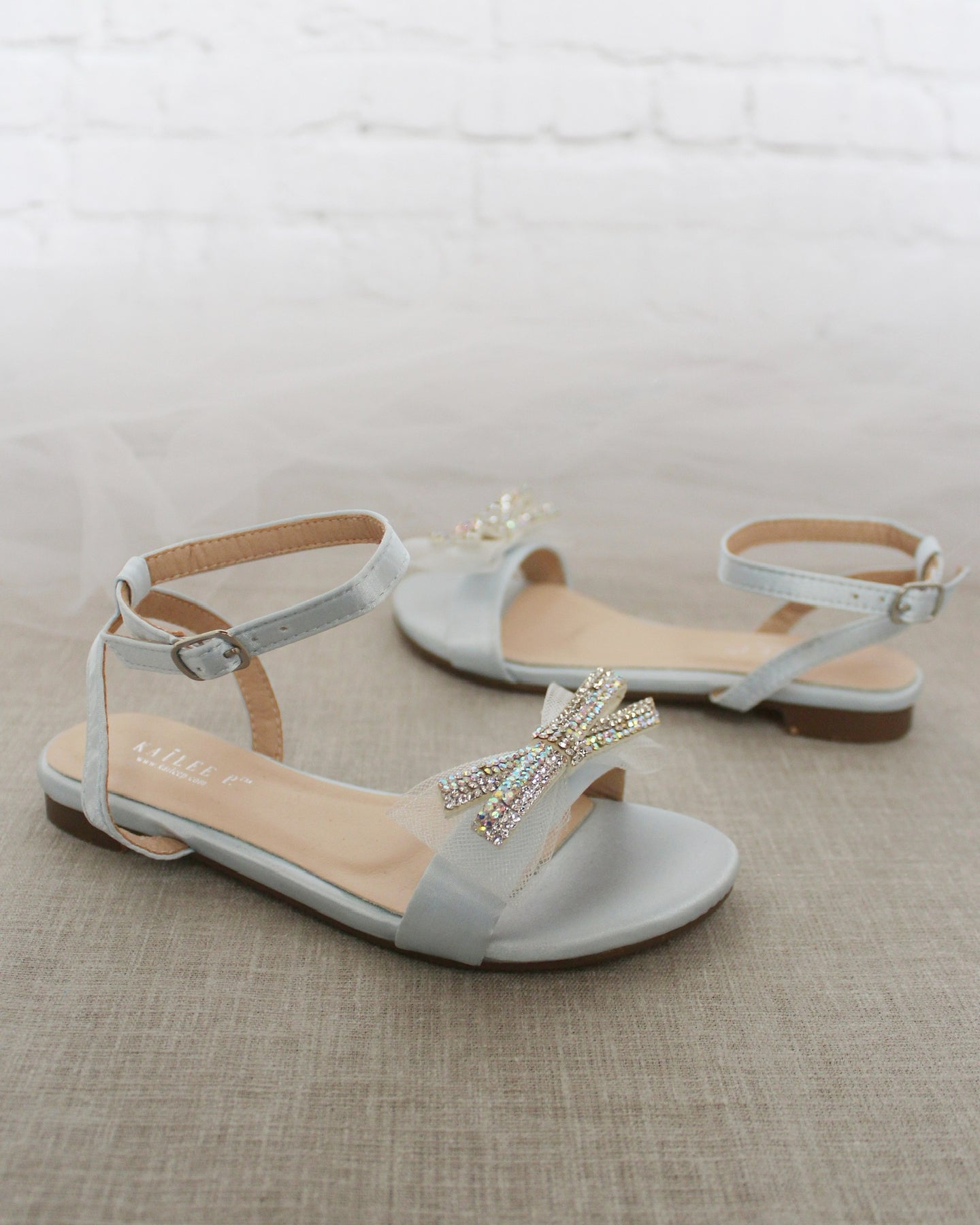 Light Blue Satin Flat Sandal with Mini Mesh Rhinestones Bow and Ankle ...