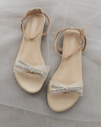 Champagne Satin Sandals with Rhinestone Bow