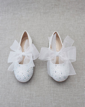 Satin Mary Jane Flats With Rhinestones Embellishment & White Chiffon Bow