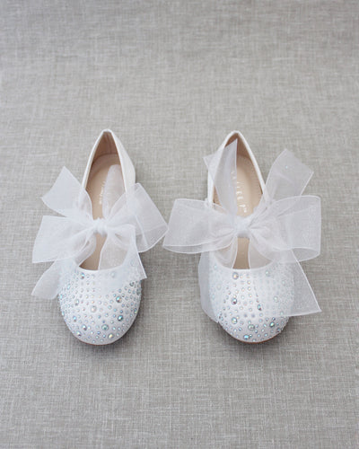 White Rhinestone Kids Flats with Chiffon Bow