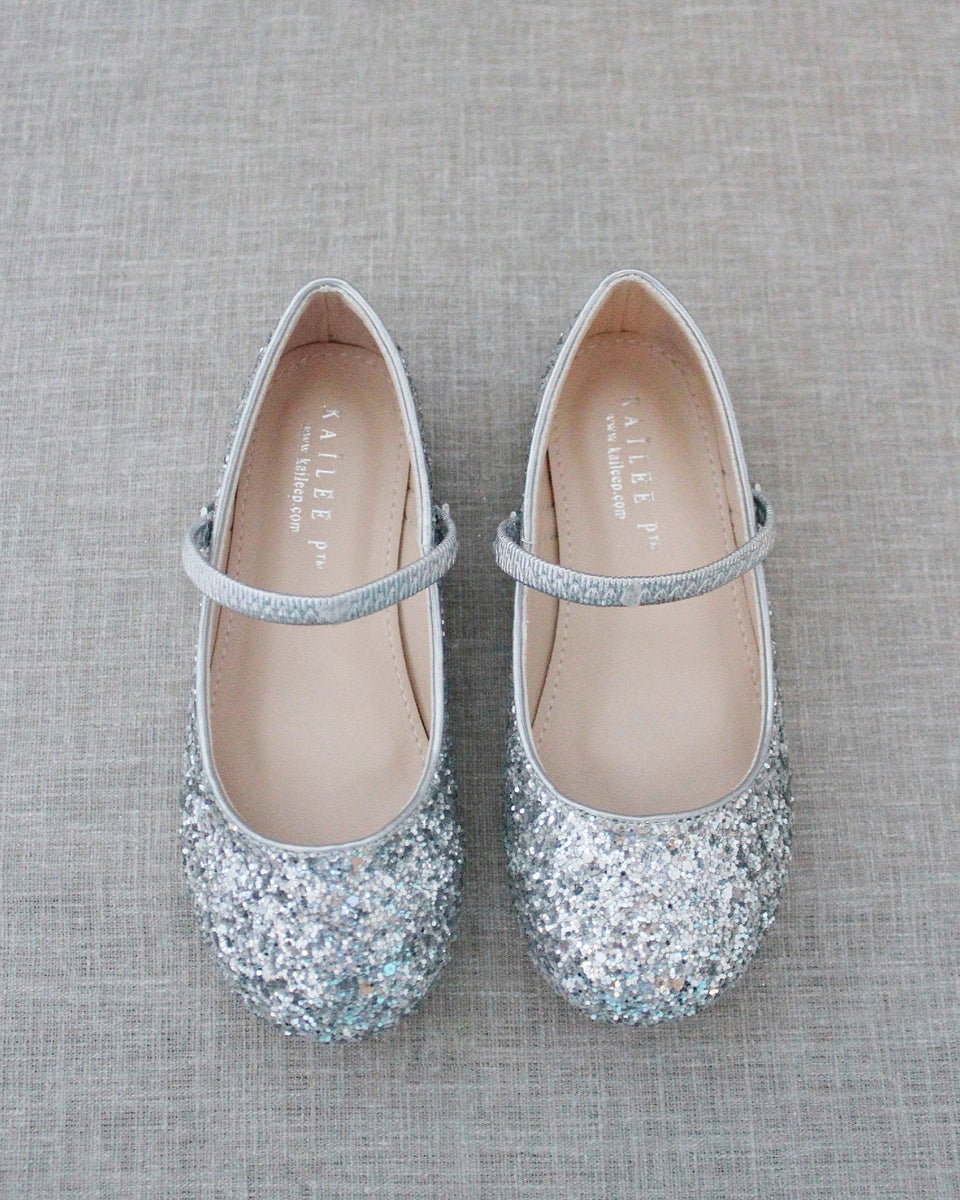 Silver Rock Glitter Mary Jane Ballet Flats - Flower Girls Shoes ...