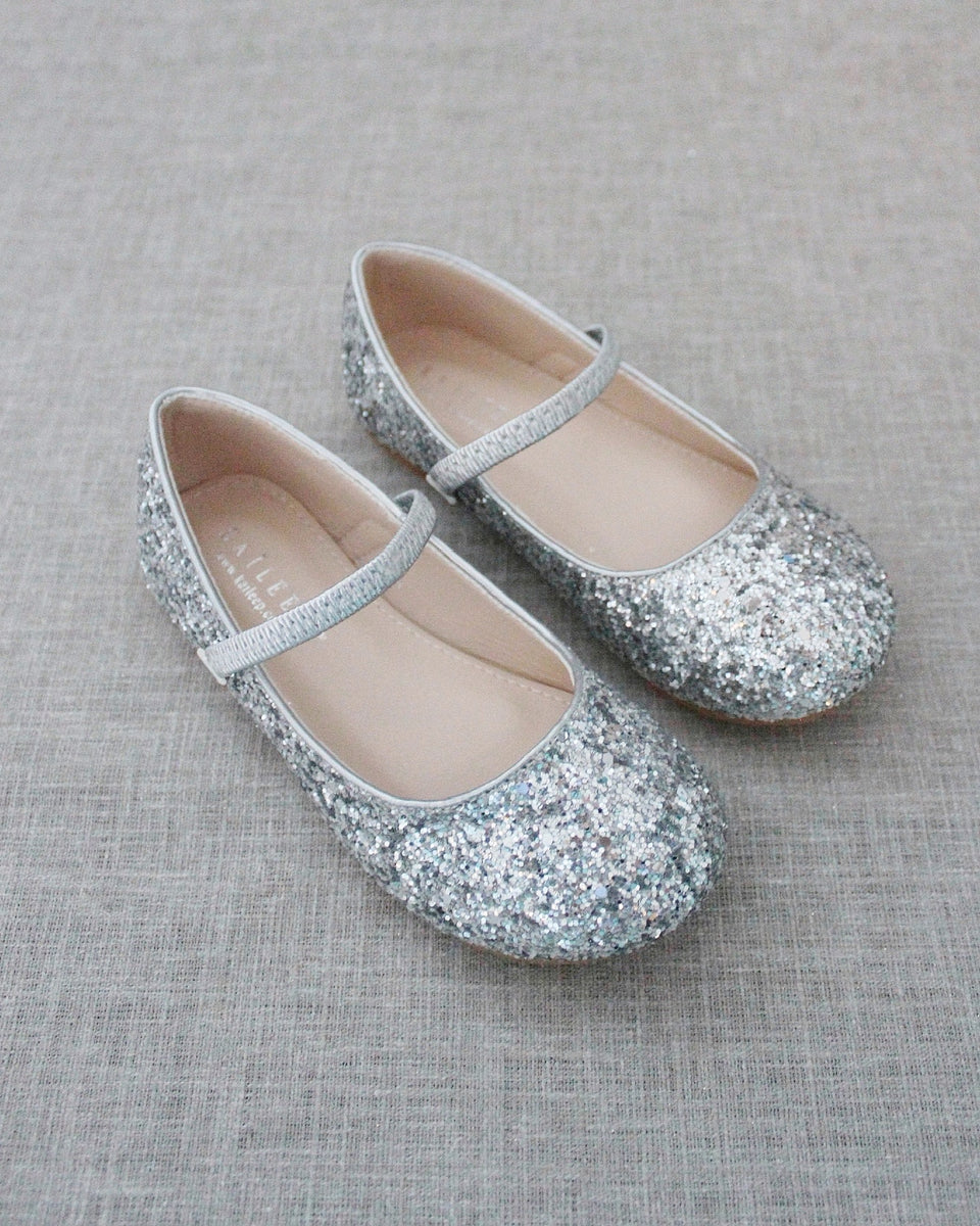 Silver Rock Glitter Mary Jane Ballet Flats - Flower Girls Shoes ...