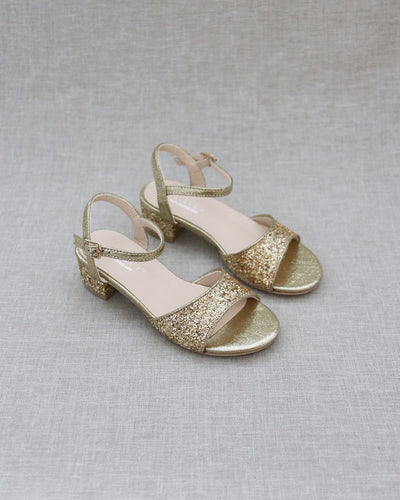 Gold Glitter Girls Block Heel Sandals