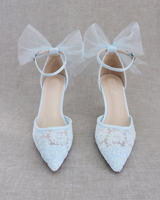 Crochet Lace Pointy Toe Heels with Tulle Back BowWomen Shoes