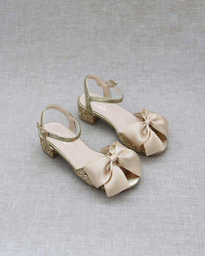 Gold Glitter Girls Block Heel Sandals with Bow