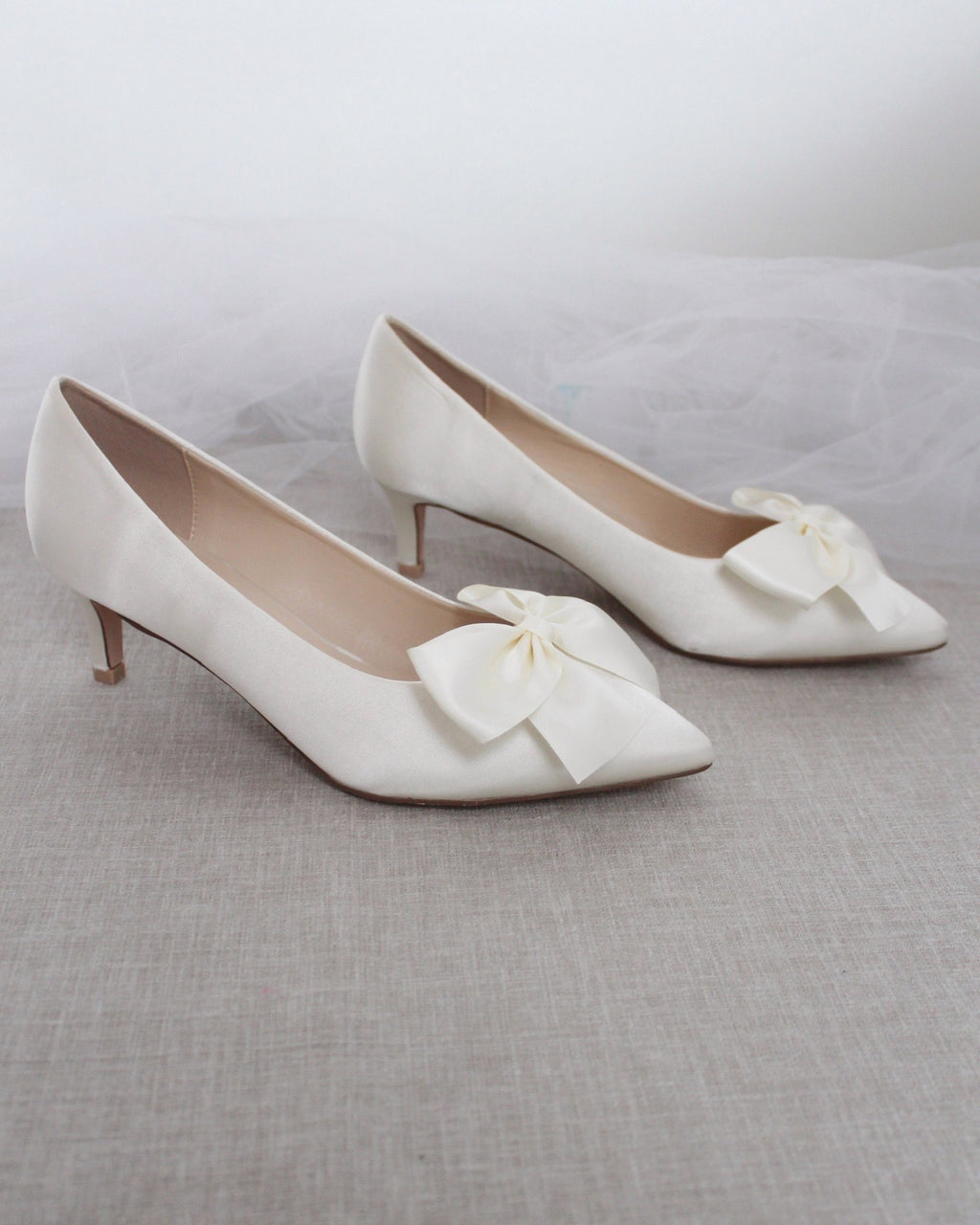 Ivory Satin Pointy Toe Pump Low Heel with Satin Bow - Bridesmaid Shoes ...