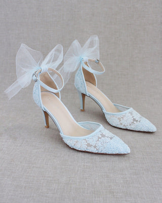 Crochet Lace Pointy Toe Heels with Tulle Back BowWomen Shoes