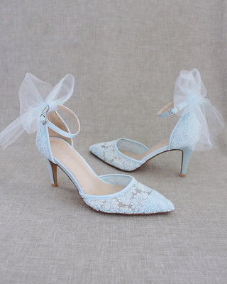 Crochet Lace Pointy Toe Heels with Tulle Back BowWomen Shoes