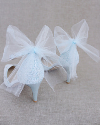 Crochet Lace Pointy Toe Heels with Tulle Back BowWomen Shoes