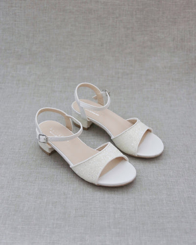 White Glitter Girls Block Heel Sandals