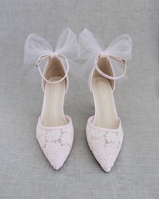 Crochet Lace Pointy Toe Heels with Tulle Back BowWomen Shoes