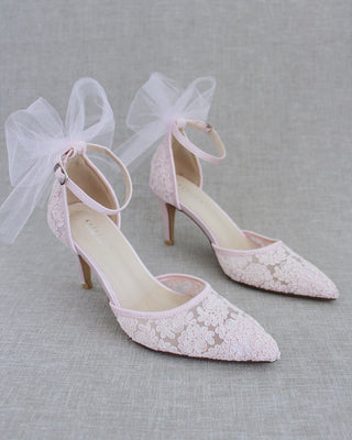 Crochet Lace Pointy Toe Heels with Tulle Back BowWomen Shoes