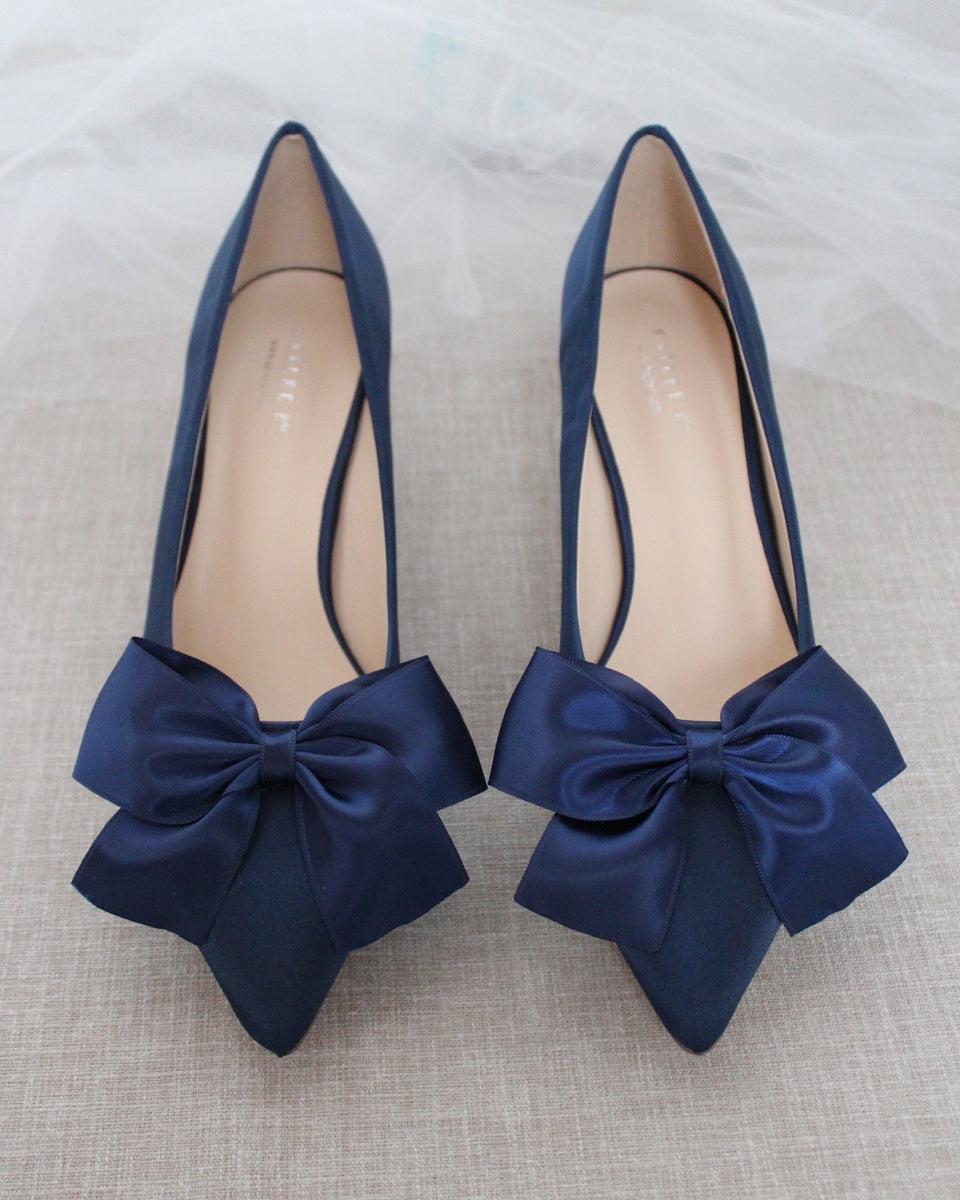 Navy Satin Pointy Toe Pump Low Heel with Satin Bow - Wedding Shoes ...