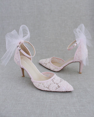 Crochet Lace Pointy Toe Heels with Tulle Back BowWomen Shoes