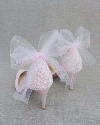 Crochet Lace Pointy Toe Heels with Tulle Back BowWomen Shoes