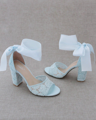 light blue lace wedding block heel