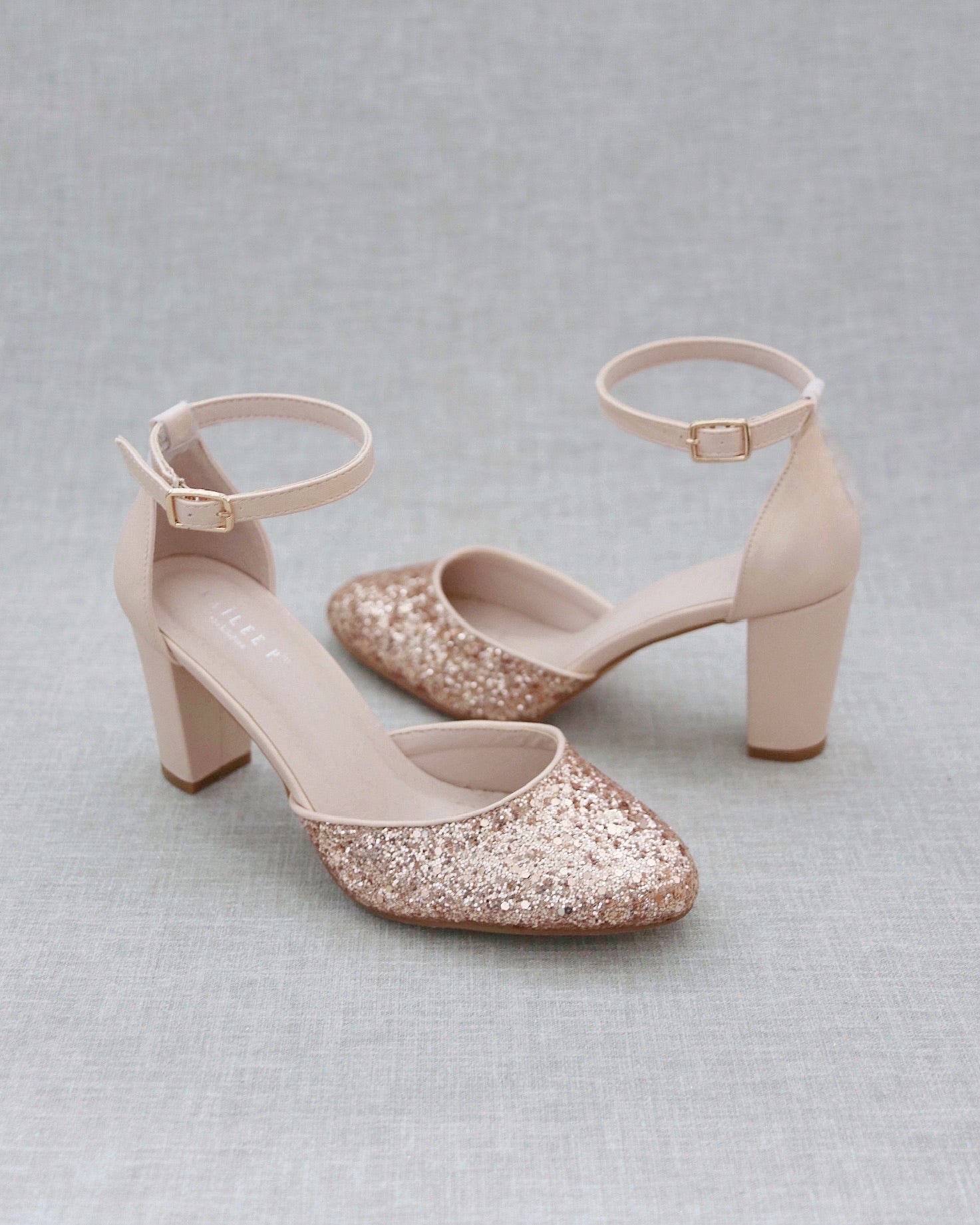 Rose Gold Rock Glitter Block Heel with Ankle Strap, Wedding Shoes