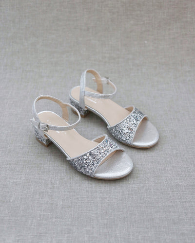 Silver Glitter Girls Block Heel Sandals