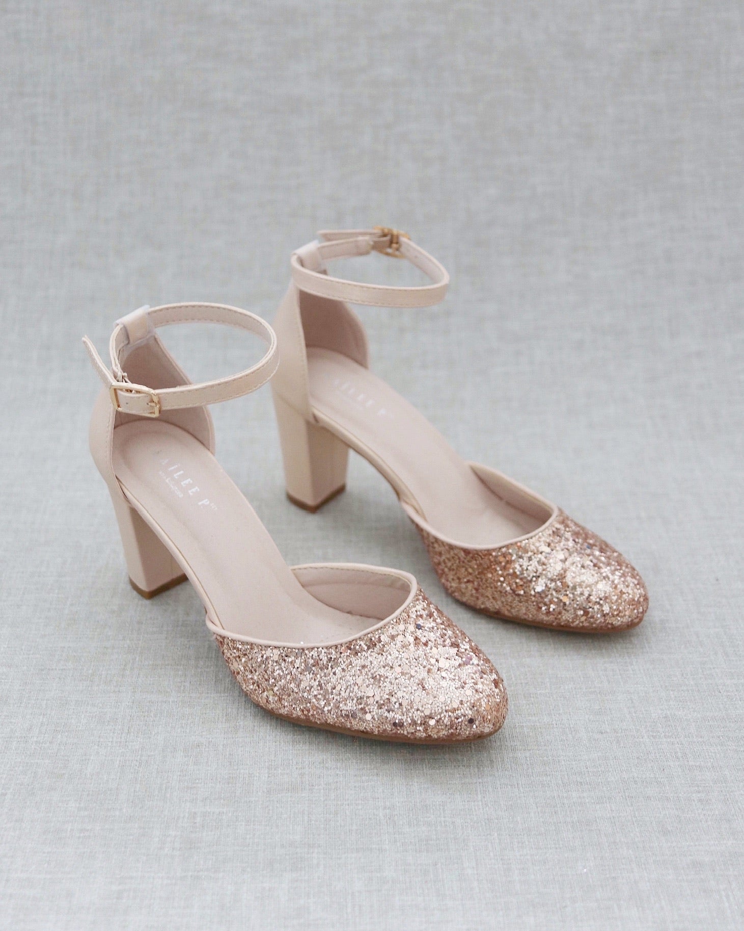 Rose Gold Rock Glitter Block Heel with Ankle Strap, Wedding Shoes