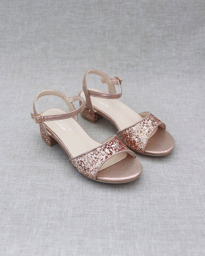 Rose Gold Glitter Girls Block Heel Sandals