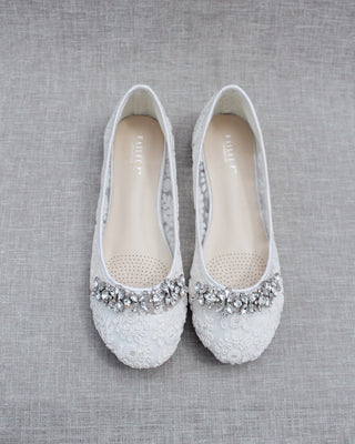 Crochet Lace Round Toe Flats with Floral Rhinestones